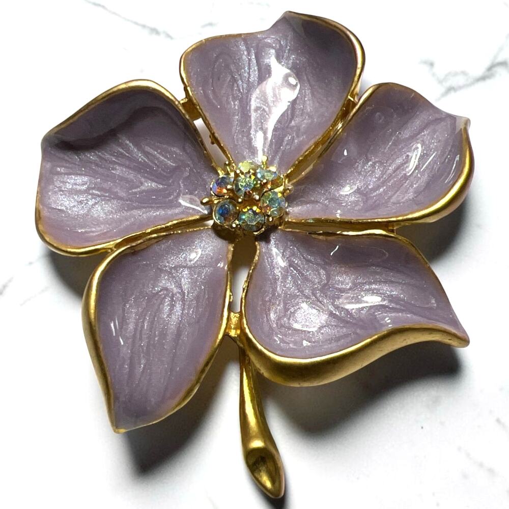Vintage 1960s Lavender Enamel Flower Brooch gold Tone AB Rhinestone Heavy Pin